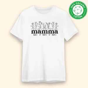 Økologisk T-skjorte Mamma Egendefinert navn og blomster